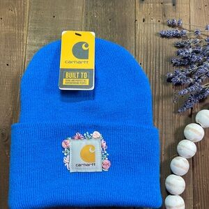 Hand embroidered carhartt beanie bright blue